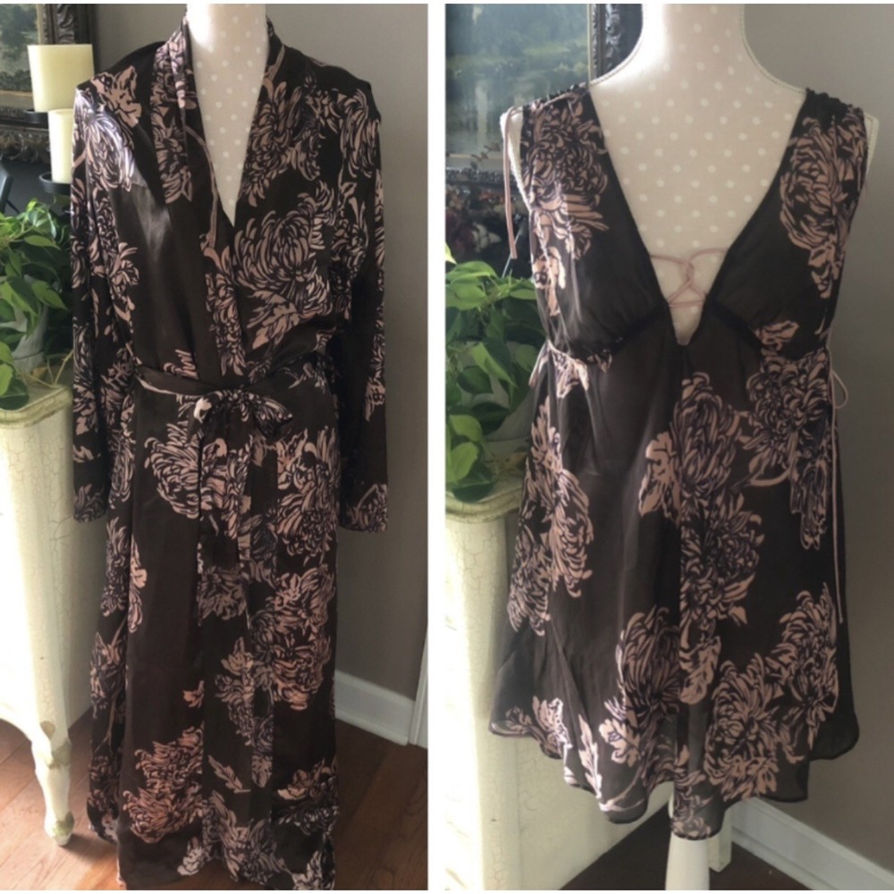VTG 80s Gilligan & O'Malley Nylon Nightgown & Robe Peignoir Set Brown Pink L/XL